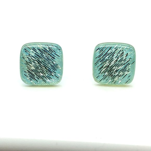 Confetti Lucite Vintage Stud Earrings, Pastel Blue Squares with Silver Sparkles - Picture 2 of 5